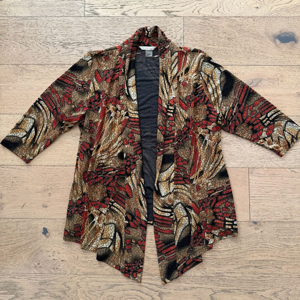 Peter Nygard 1X Beaded Abstract Open Cardigan Jacket Red Brown Artsy Textured